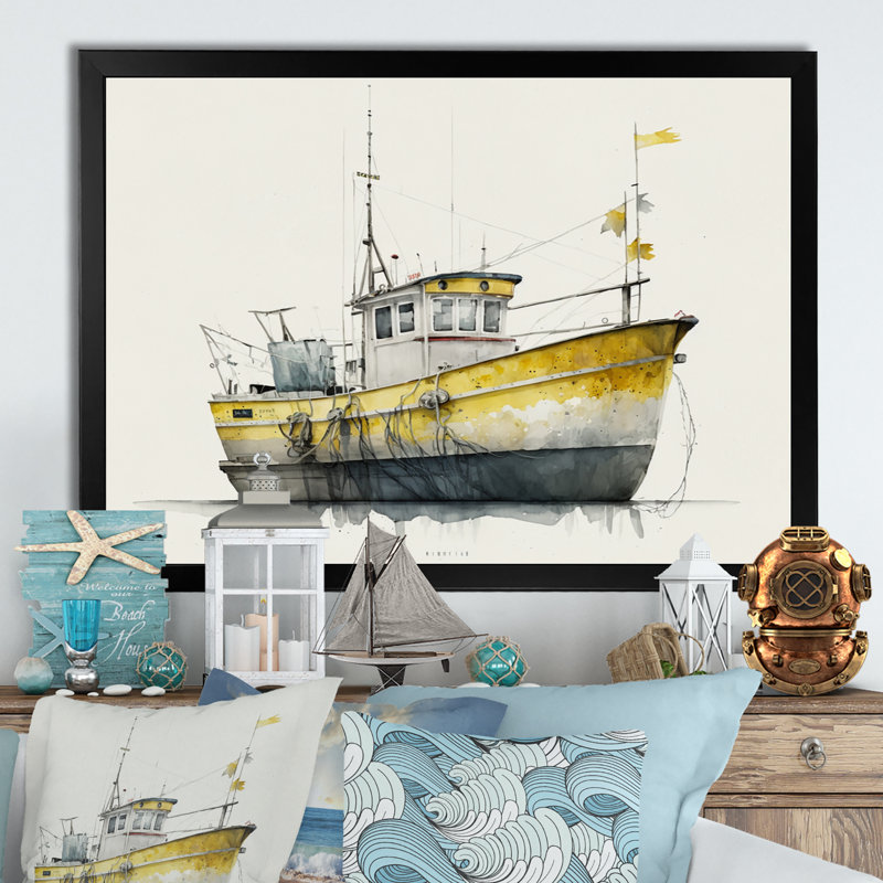 " Fisherman'S Boat In The Snow III ", Black Picture Framed Canvas, 20" W x 12" H
