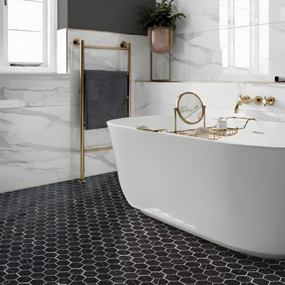 Aloha 10 X 12 In. Polished Black With White Vein Glass, Recycled Glass Mosaic Hexagon Wall And Floor Tile (8.29 Sq Ft/Case) - 10 Pack