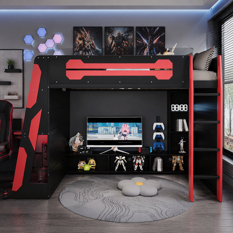Lit mezzanine double en bois avec bureau, tablettes multiples et lumière RVB, rouge