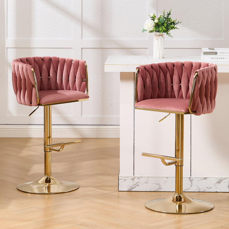 Swivel Adjustable Height Bar Stool Modern Velvet Barstool with Barrel Back Kitchen Island Counter Bar Chair with Golden Base