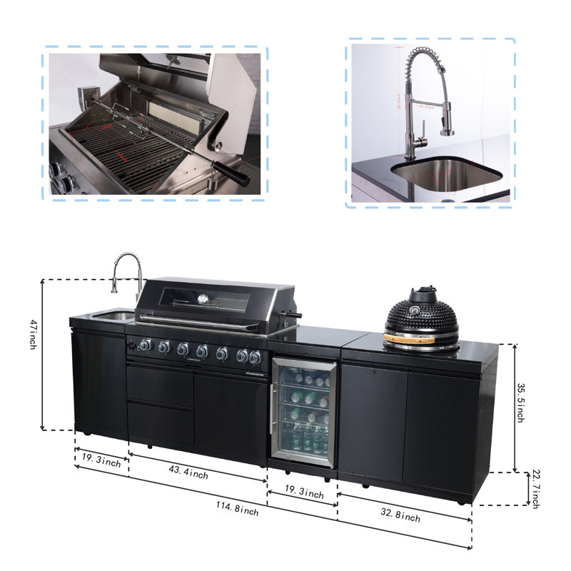 Îlot de cuisine avec barbecue au gaz propane à 6 brûleurs, rôtissoire, gril Kamado, réfrigérateur et évier extérieur (115 po de largeur).