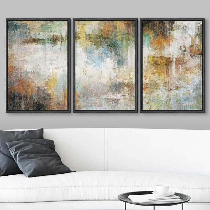 Grunge pastel bleu sarcelle, paysage jaune, formes abstraites, chic moderne sur toile, 3 pièces, Cadre flottant noir