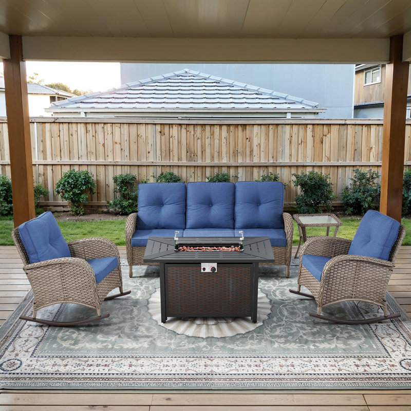5-Piece Outdoor Patio Rattan Sofa Set With Rocking Chairs And Fire Pit Table, Blue