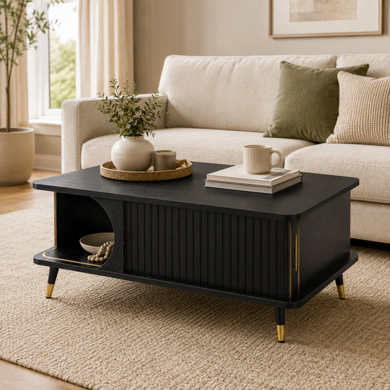 Table basse à plateau relevable en noyer de 39,4 po avec rangement dissimulé et tablette latérale ouverte, Black