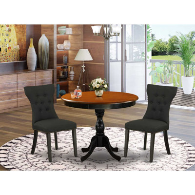 3-Pc Dinning Room Set Includes a Wooden Table and 2 Black Linen Fabric Dining Room Chairs with Button Tufted Back - Black Finish