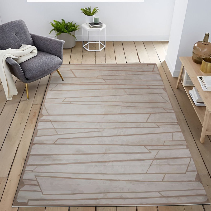 Tapis décoratif à motif géométrique beige poudré, Rectangle 4 pi 11,06 po x 7 pi 6,55 po