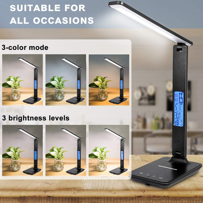 LED Desk Lamp, Desk Lamp With Wireless Charger, Office Dimmable Desk Lamp, With USB Charging Port, Built-In Clock, Calendar, Thermometer And Automatic Timing Reading Desk Lamp