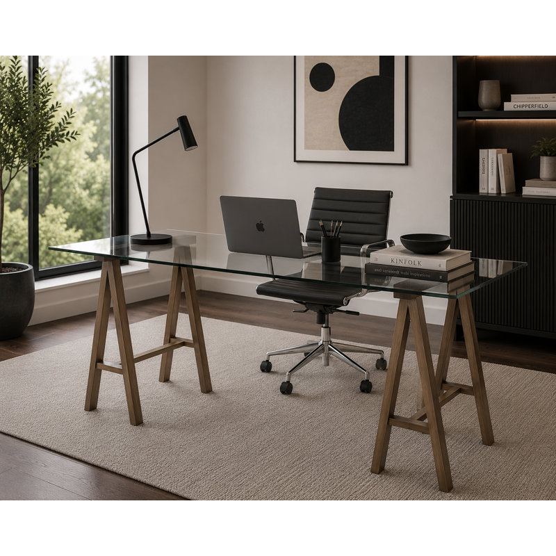Brady Glass Desk, 30" H x 71" W x 36" D, Brushed Brass
