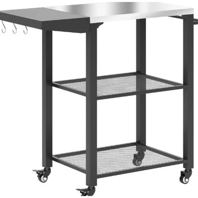 Stainless Steel Top Outdoor Grill Cart With Foldable Side, Three - Shelf Design, Hooks For Tool Storage, Indoor/outdoor Utility, 17.6 Lb
