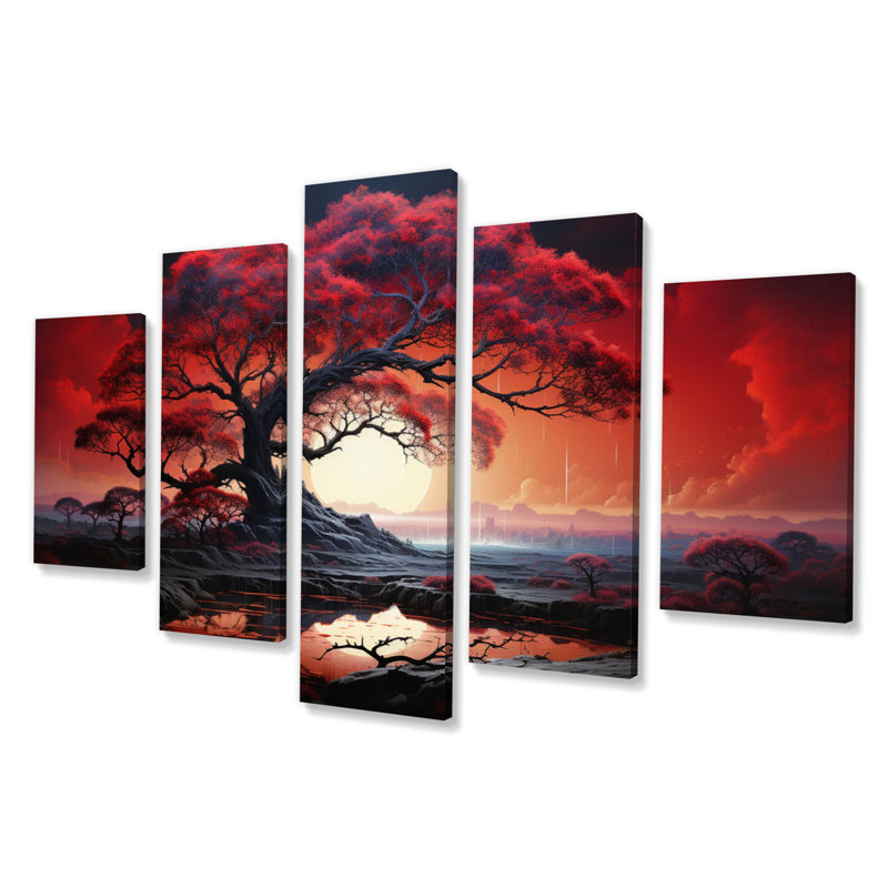 «Tree Silhouette Symphony I» - Art mural sur toile avec paysage - 5 panneaux