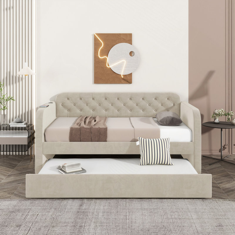 Upholstered Daybed With Trundle And USB Charging Design, Velvet Upholstered Daybed Frame, Sofa Bed For Living Room Bedroom, No Box Spring Needed,Plush Velvet Fabric