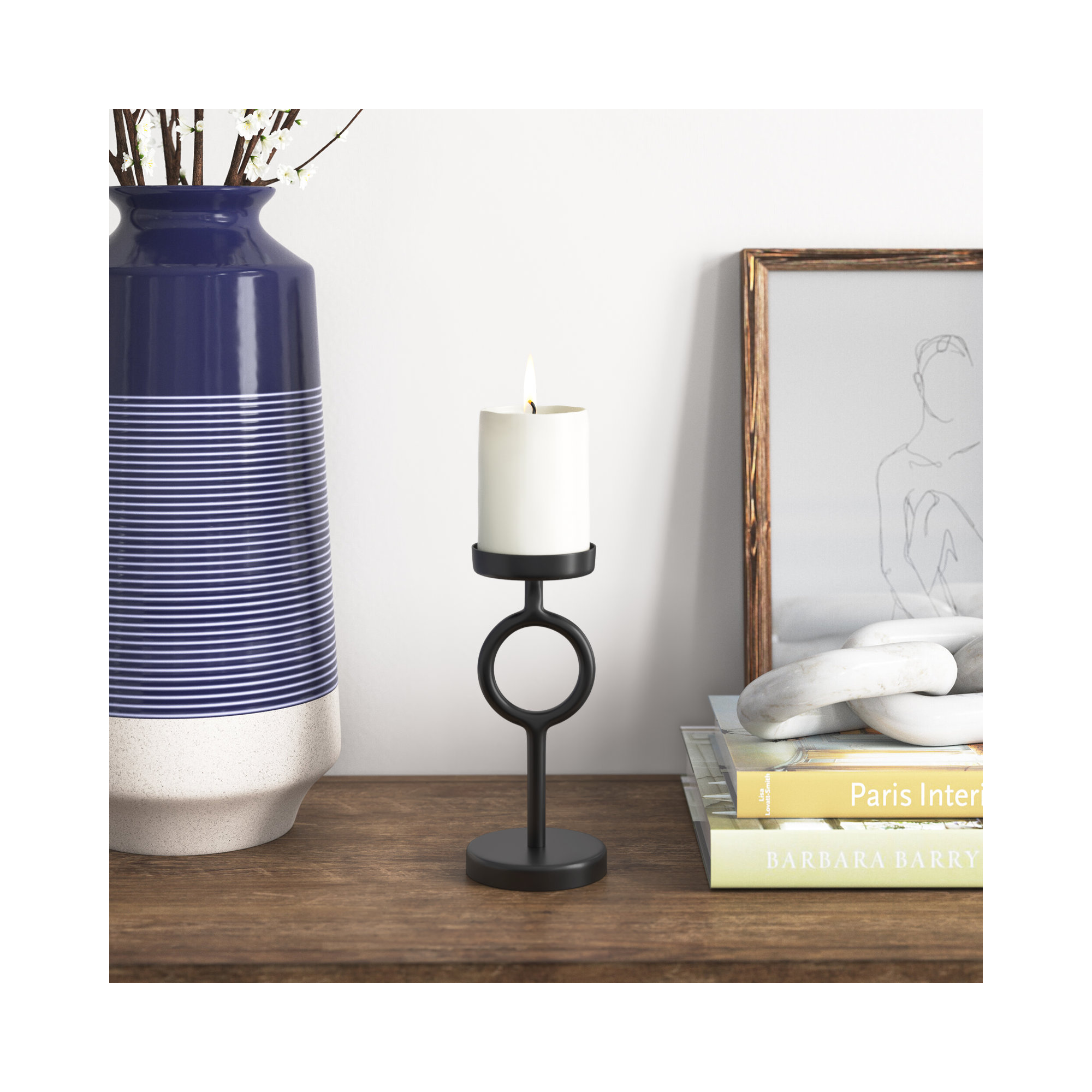 Modern Metal Candle Holder Contemporary Black Iron Narrow Round Candle Holder, 8" H x 3.5" W x 3.5" D