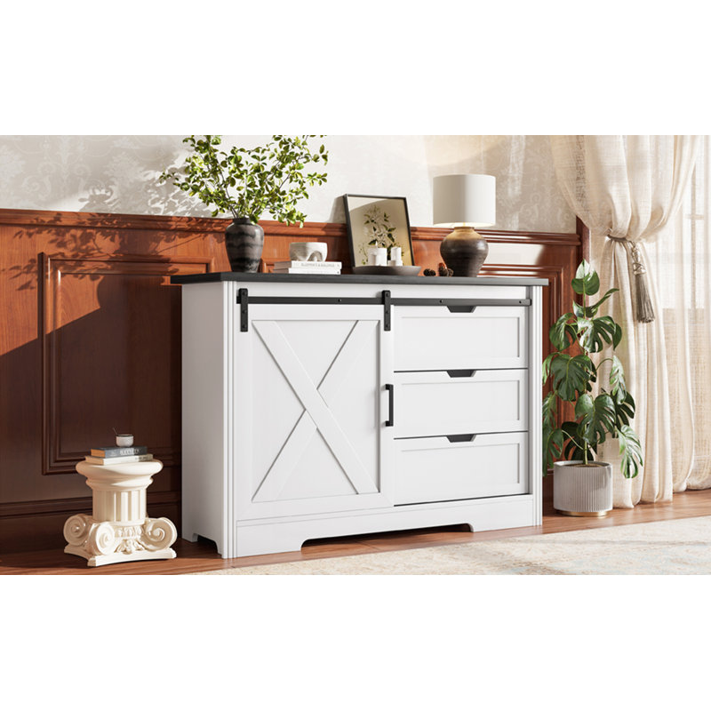 Storage Sideboard with Silent Sliding Doors and Three Drawers, White