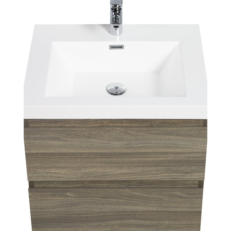 Meuble-lavabo mural 24 po avec lavabo en résine, 2 tiroirs, style minimaliste, esthétique de la finition de l'eau, finition