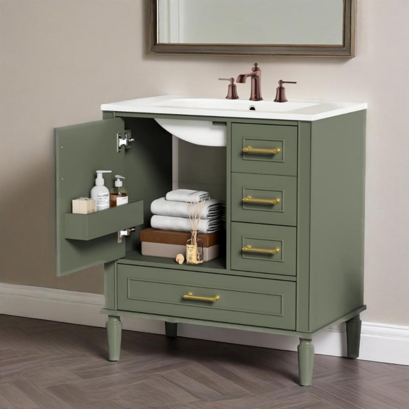 Meuble-lavabo moderne avec lavabo en céramique, portes à fermeture douce, 3 tiroirs de rangement, Vert
