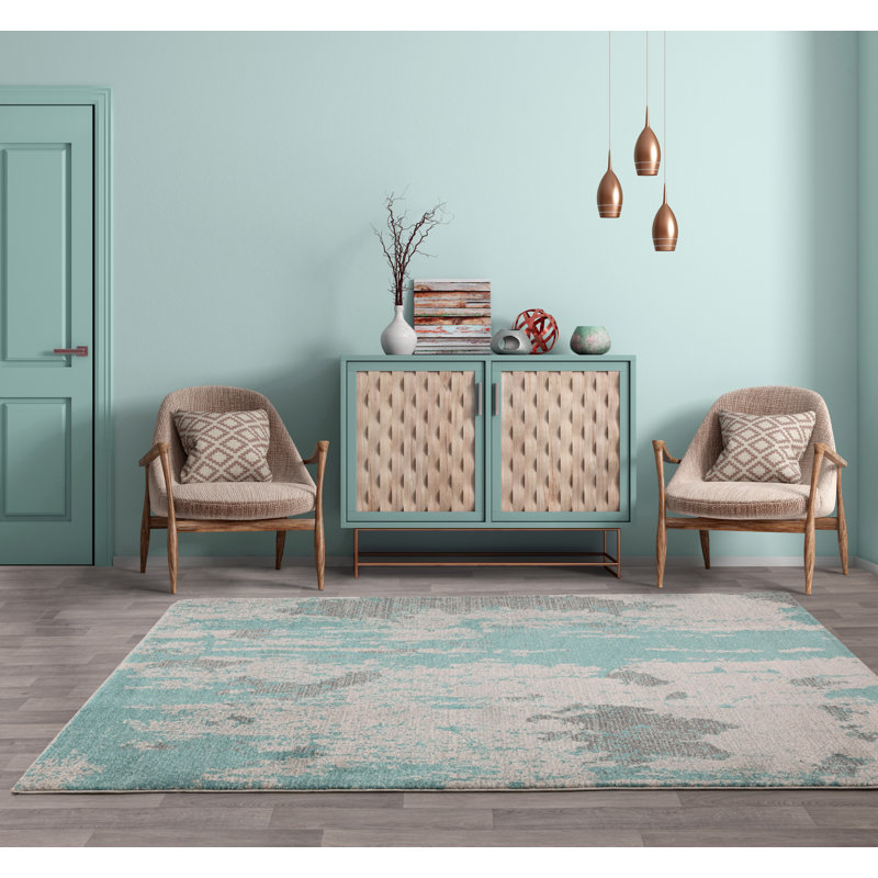 Yemanja Abstract Duck Egg/Grey Area Rug, Rectangle 200 x 290cm