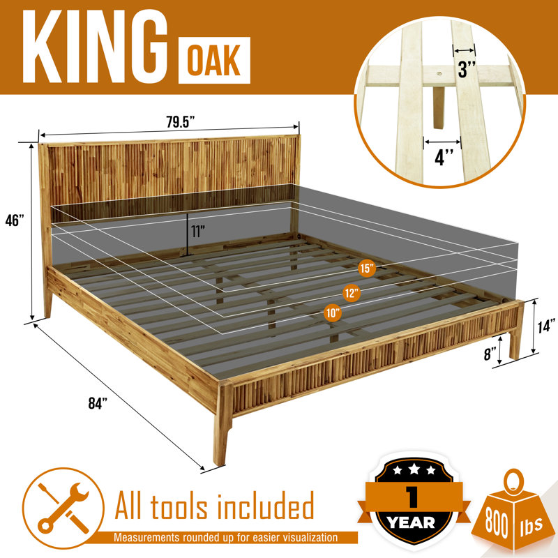  Bosk Acacia Wood Bed Frame with Headboard, King Size Fluted Pattern Inspired, Mid-Century Modern Style Platform Bed – FSC Certified, Noise-Free, Easy Assembly, No Box Spring Needed