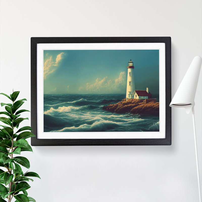 Revered Lighthouse Seascape - Single Picture Frame Painting, 34cm H x 46cm W x 2cm D, Black Framed
