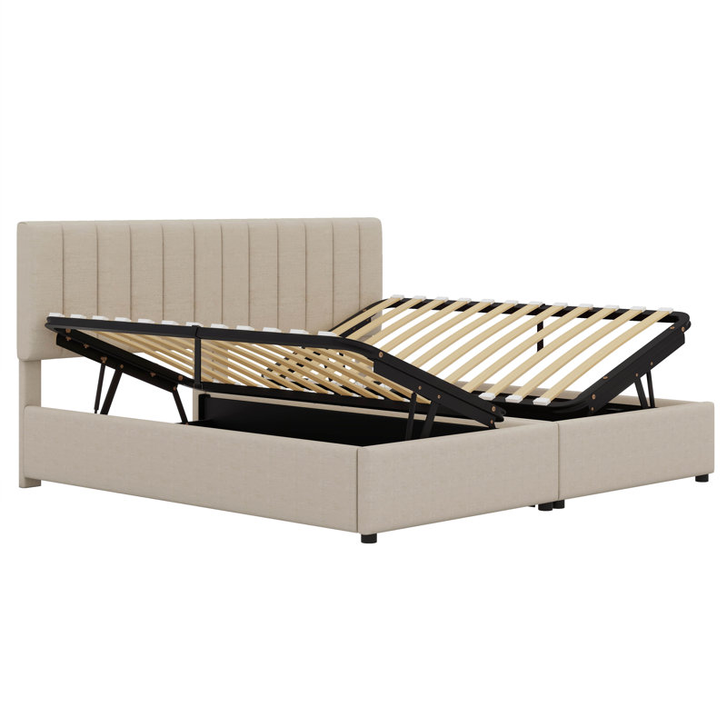 Très grand lit plateforme tapissier avec système de rangement hydraulique et tête de lit à rayures verticales, Beige