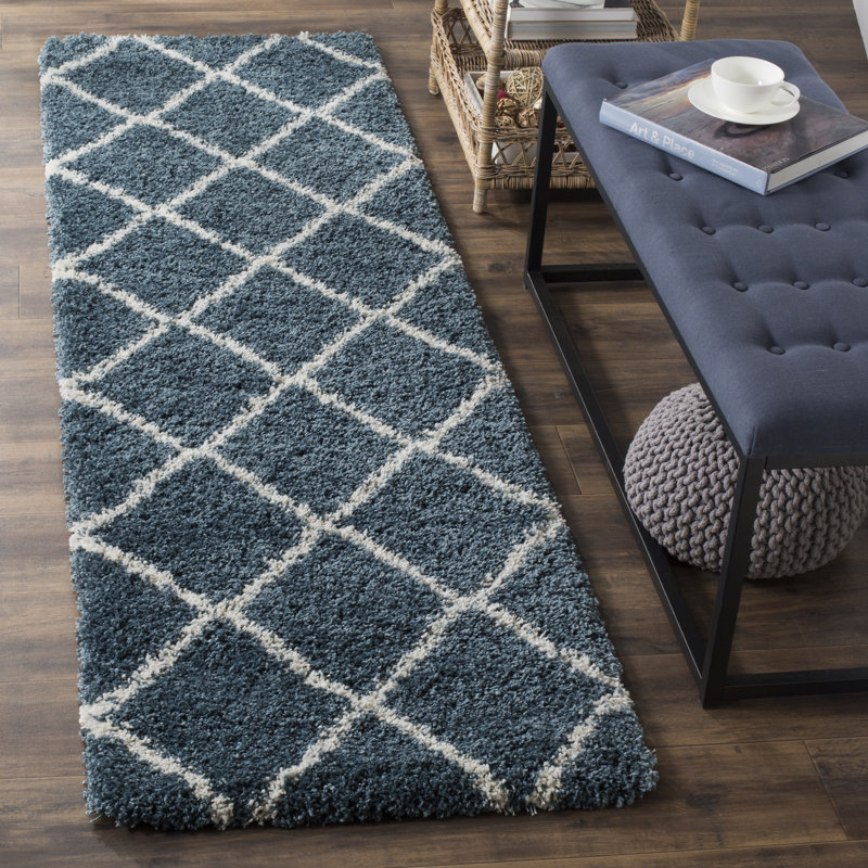 Humberto Hudson Shag Performance Geometric Rug, Runner 2'3" x 10', Slate Blue/Ivory