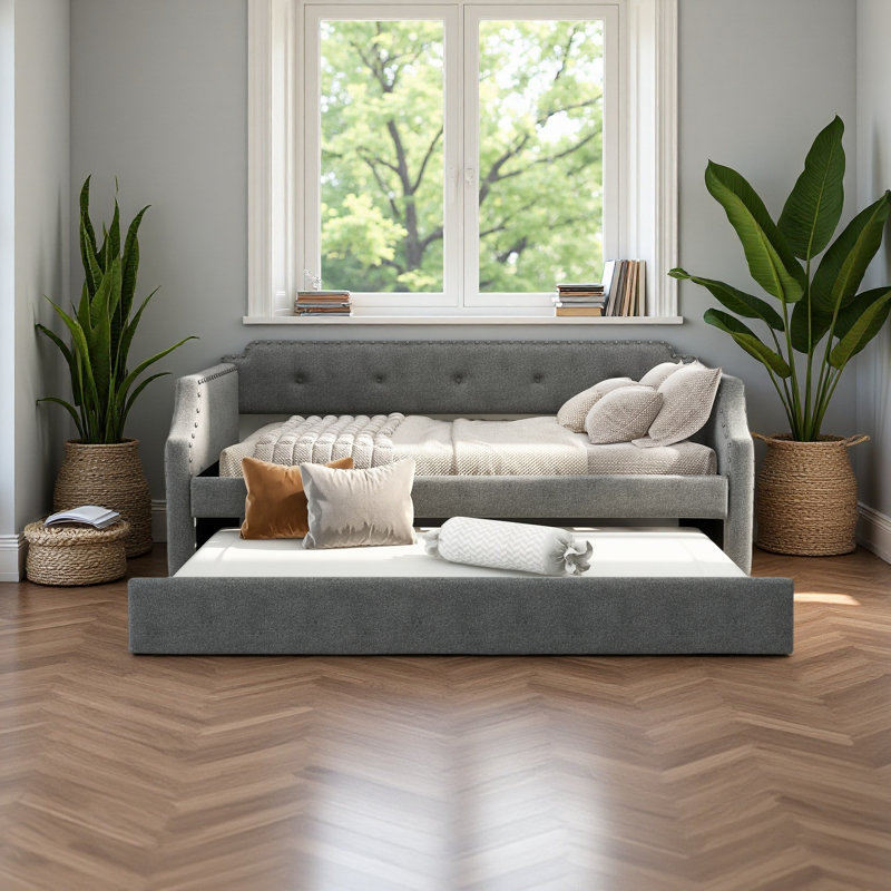 Upholstered Daybed With Trundle, Wood Slat Support,Upholstered Frame Sofa Bed, Gray