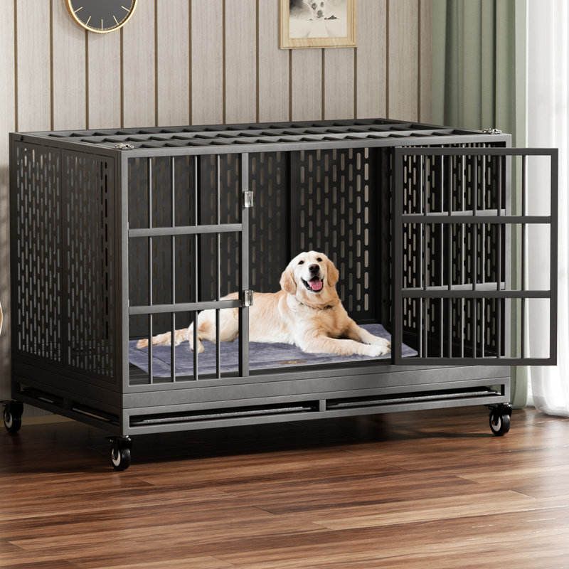 Extra Large Black and Silver Rolling Metal Dog Crate