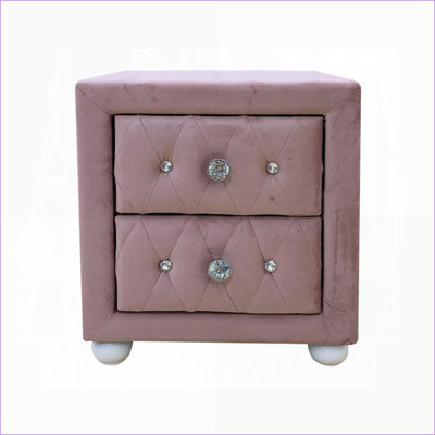 Table de chevet rembourrée en tissu rose avec 2 tiroirs de rangement