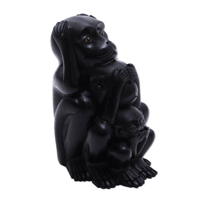 Three Monkey Sages In Black Wood Statuette