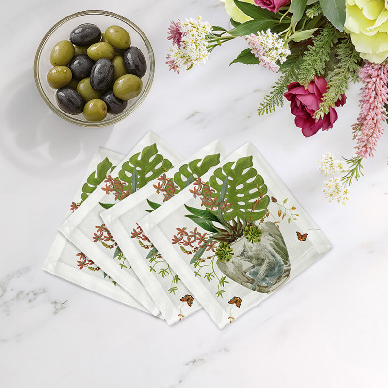 Monkey Large Jungle Cotton Sateen Cocktail Napkins, White