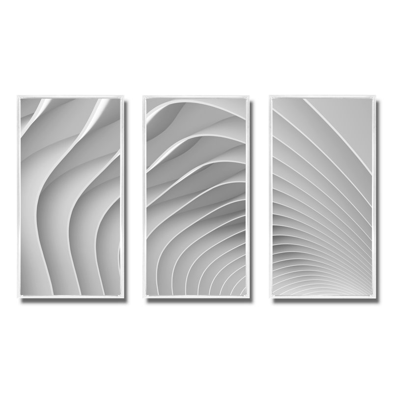 Fractal Bulgy White 3D Waves - Ensemble de 3 toiles abstraites encadrées, H 28 po x l 36 po x P 1 po, Blanc