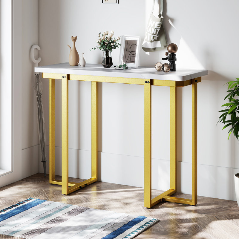 Console 42 po Table d'entrée moderne en faux marbre avec cadre géométrique en métal blanc, Blanc