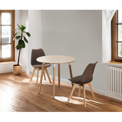 Franconia 2 Person Dining set - a Round Plastic Dining Table with Wooden Legs and a Set of 2 Faux Leather Cushion Padded Dining Chairs for Dining Room - Modern Dining Table Set
