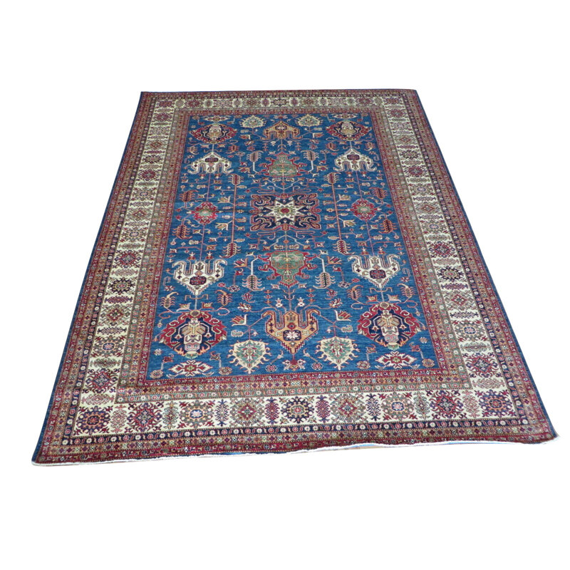 Tapis bleu en laine noué à la main de conception unique 10 pi 3 po x 13 pi Fonville