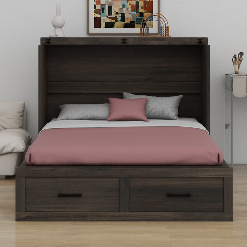 Lit escamotable avec lit plateforme escamotable et grand tiroir de rangement Murphy, Gris rustique