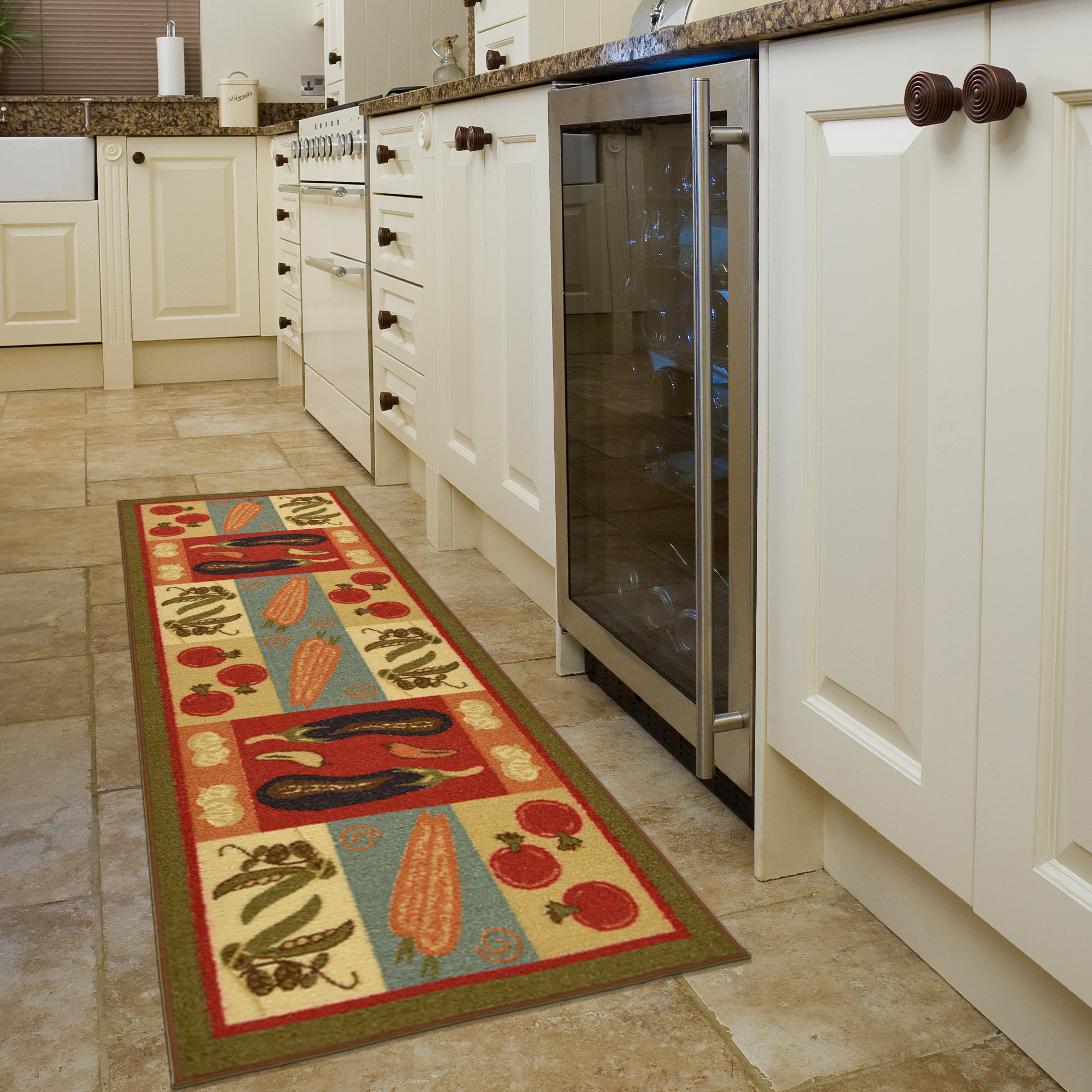 Kitchen Floor Mat With Moroccan Tiles Design in Olive Green