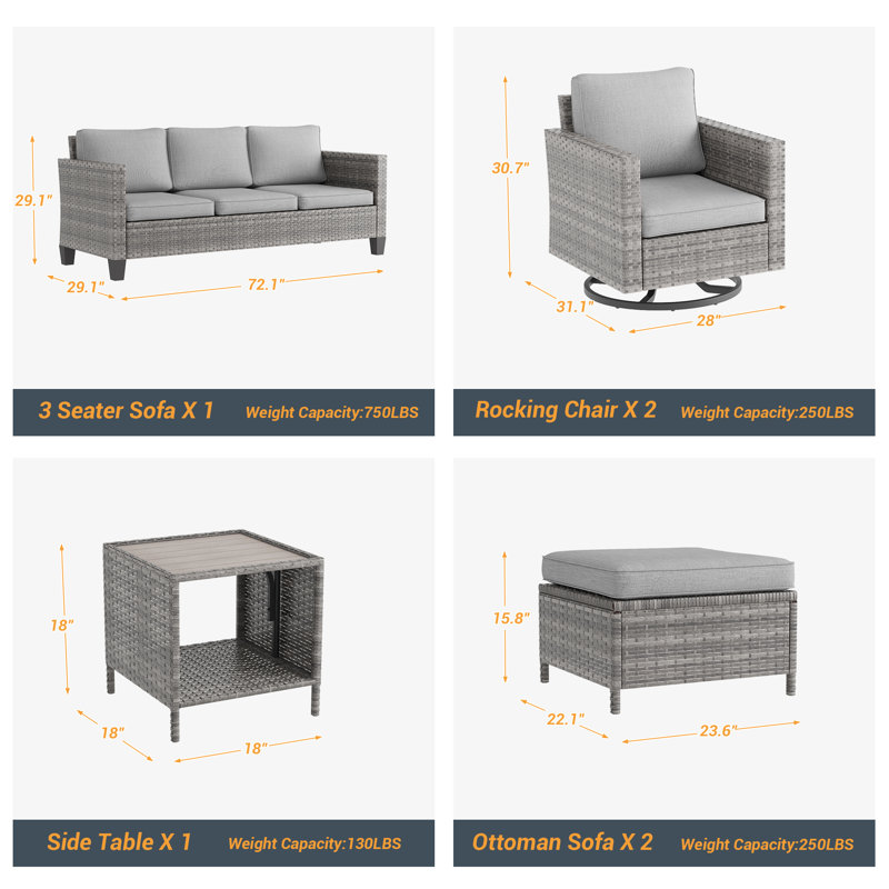 Patio Outdoor Furniture Set Rattan Coversation Seating Set Thickening Cushions With Swiveling Rocker, Gray, Leaden Gray