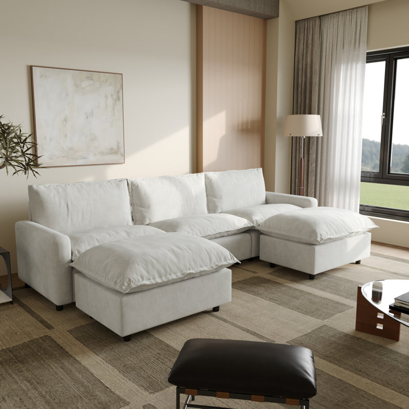 Canapé modulaire rembourré 5 pièces en tissu de lin avec repose-pieds 5 pièces, Beige Linen