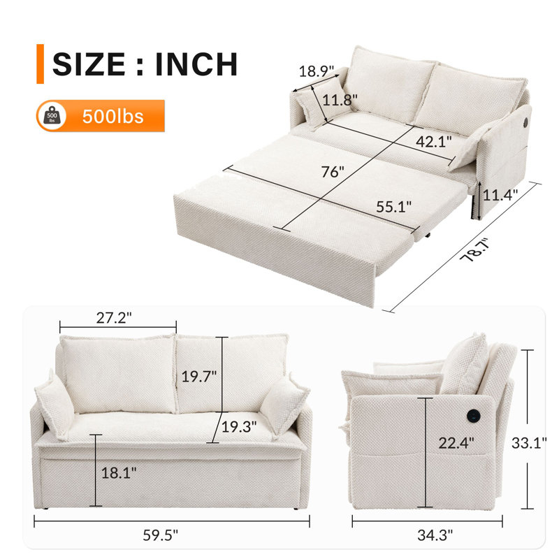 59.5" Convertible Sofa Bed 2-in-1 Upholstered Reclining Sleeper Sofa Couch Bed with Side Storage and USB/C-TYPE