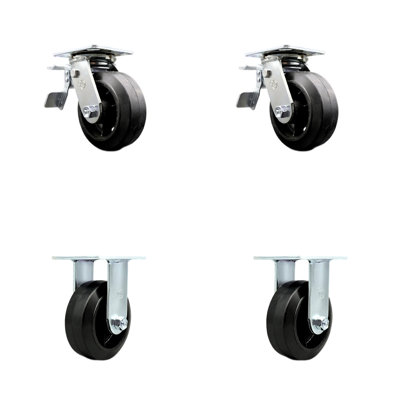 6 Inch Rubber on Steel Caster Set with Roller Bearings 2 Brakes 2 Rigid SCC