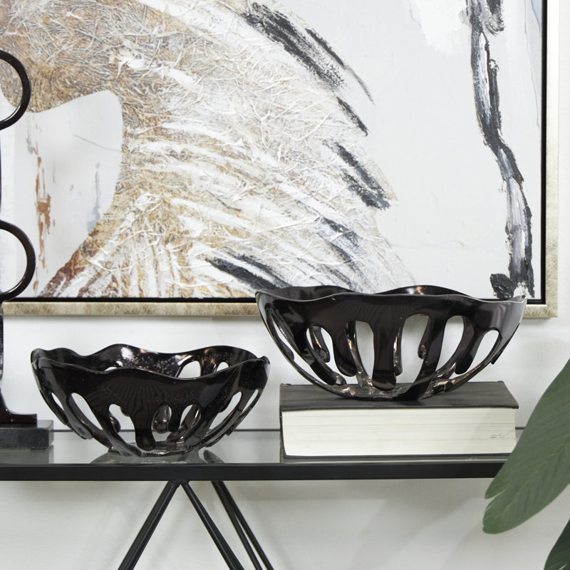 Maielle Aluminum Metal Drip Abstract Decorative Bowl with Open Frame Design Set, Black