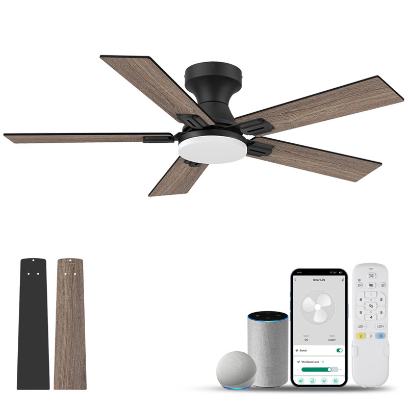 52 in.5 - Blade Smart Outdoor Indoor White Ceiling Fan with LED Lights, Remote, Voice Control via Alexa, Dimmable, 6 speeds