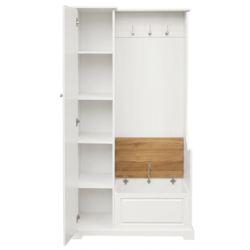 Arbre d'entrée multifonctionnel avec banc de rangement rabattable, tablettes réglables et crochets de suspension, panneau de fibres à densité moyenne robuste et organisateur de rangement en panneau de particules pour la maison