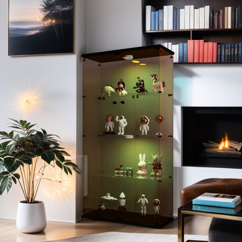 Two Door Brown Glass Display Cabinet, 4 Shelves, Lights, 12 Color Options Remote Control, 5Mm Tempered Glass, Solid Wood, 63H X 31.78L 14.6W Brown, Battery
