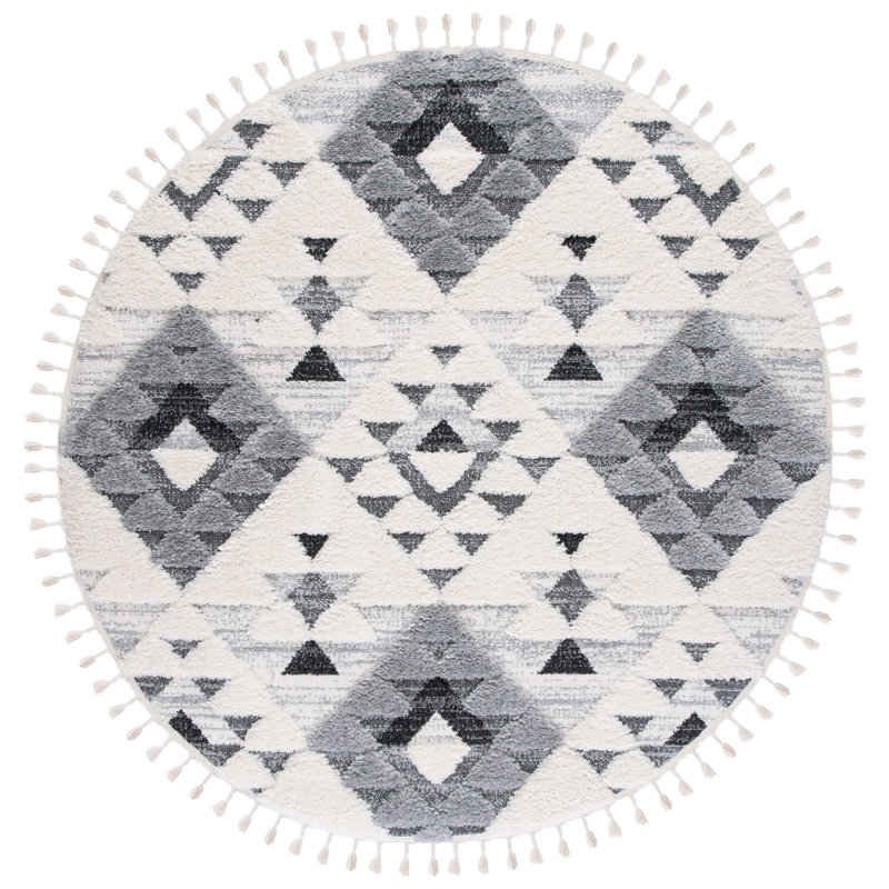 Tapis performance à poil long à pampilles à motif marocain, Rond 3 pi