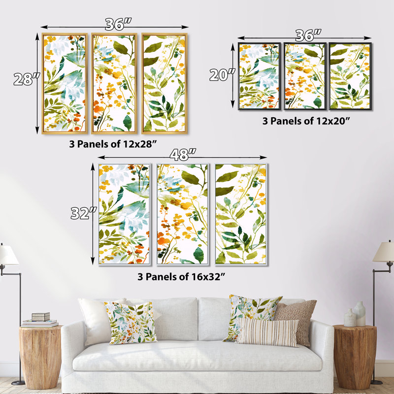 «Spring Herbs Flowers And Leaveson White», ensemble de 3 reproductions d'art encadrées sur toile, Noir, H 28 po x l 36 po