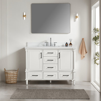 Meuble-lavabo simple autoportant, 48 po, entièrement assemblé, bois d'hévéa massif blanc, charnières à fermeture douce, 2 poignées de couleur différente, marbre d'ingénierie avec dosseret de 4 po et portes avec fermeture de 48 po