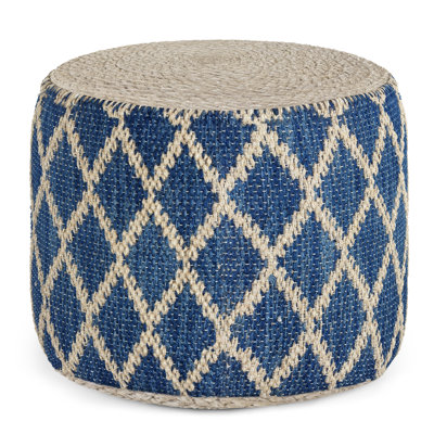 Edgeley 18"W Handwoven Jute and Cotton Boho Round Pouf in Classic Blue and Natural