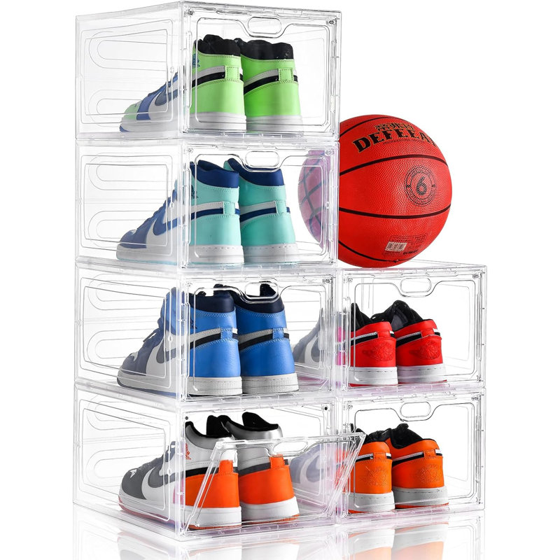 6 Pack Clear Stackable Shoe Storage Box With Magnetic Door - Shoe Organizer For US Size 12