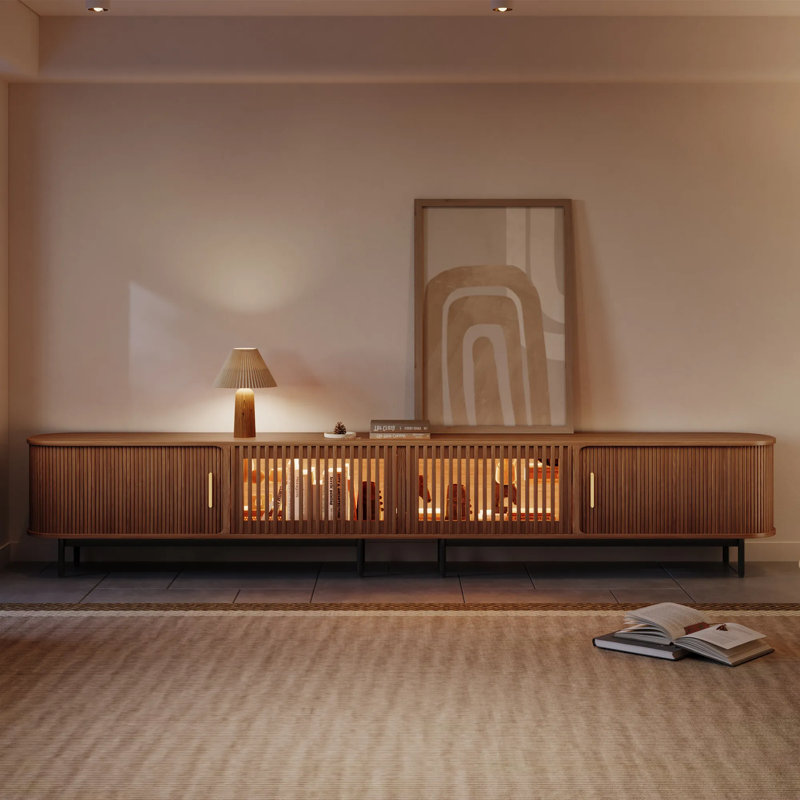 Mid-Century Modern Tambour Door TV Stand With LED Lights, Fully Assembled, Walnut, 21.25"H x 118.11"L x 15.75"W