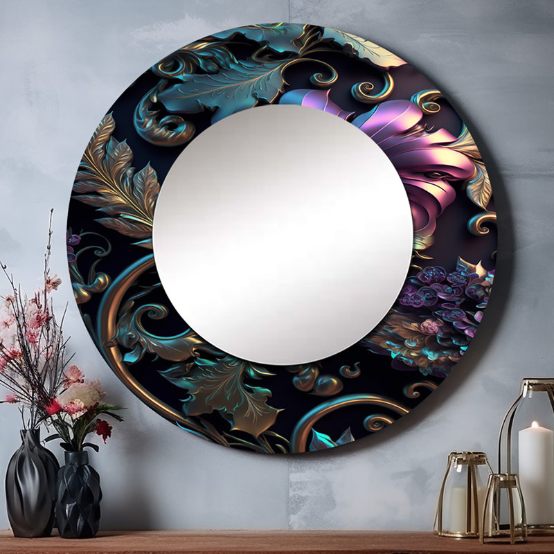 Fleurs abstraites ornées en mauve et or IV - décoration murale miroir floral rond, 23 po x 23 po